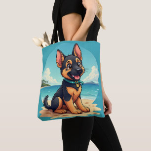 Bolsa Tote Ilustração de Cachorro Pastor Alemão Fofo na Praia