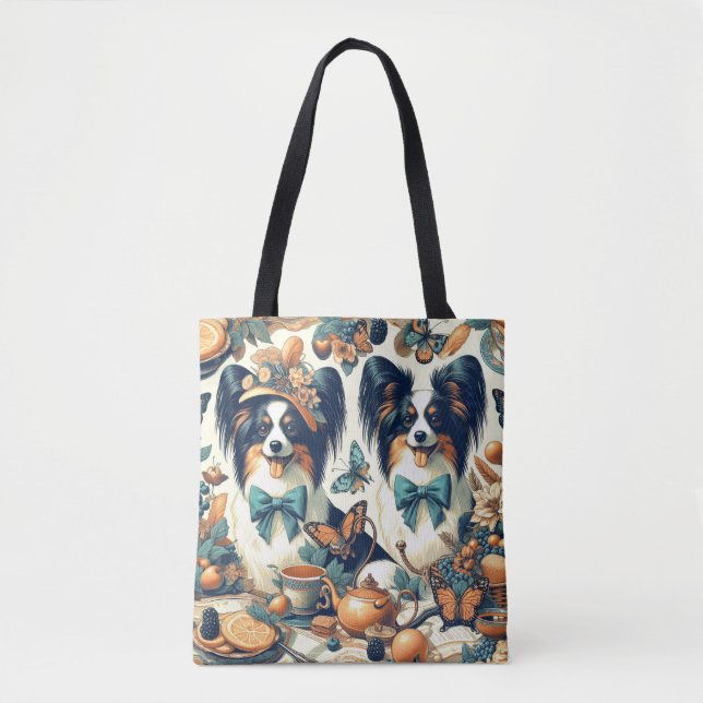 Bolsa Tote Ilustração de Cão Papillon Bonito (Frente)