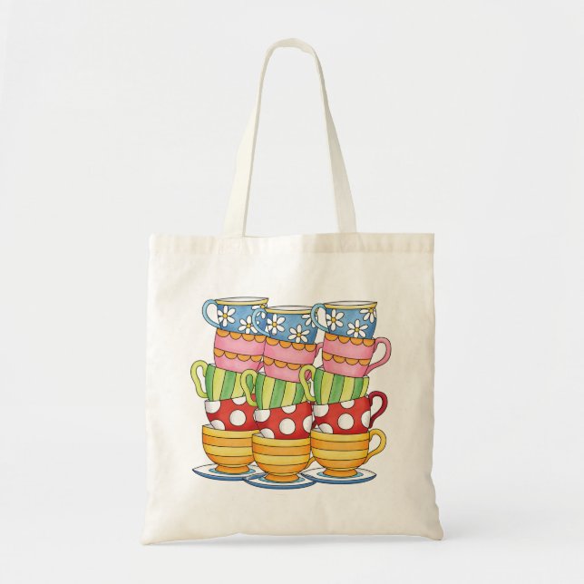 Bolsa Tote Ilustração de Chá da Tarde com Xícaras Empilhadas (Frente)