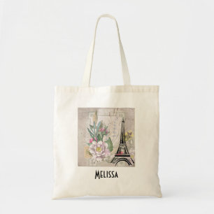 Bolsa Tote Ilustração de Colagem de Flor Vintage e Torre Eiff
