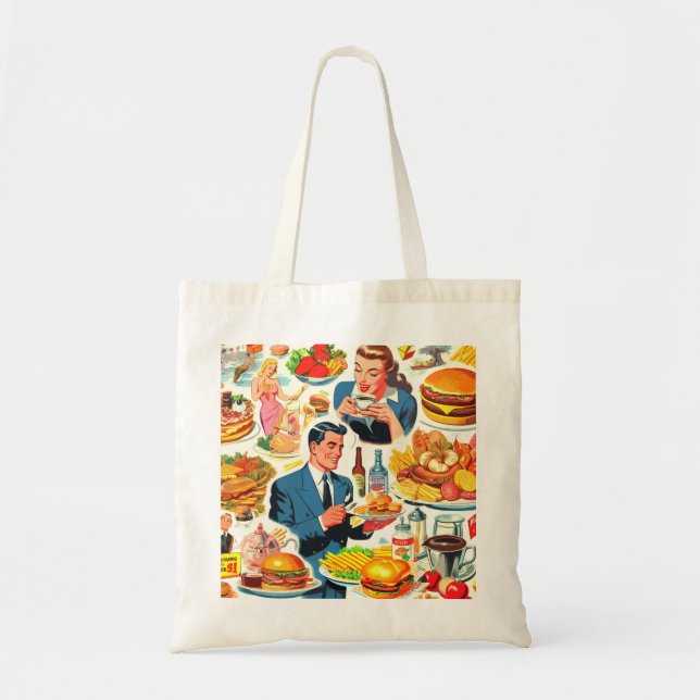 Bolsa Tote Ilustração de Comidas da Vintage 1950s (Frente)