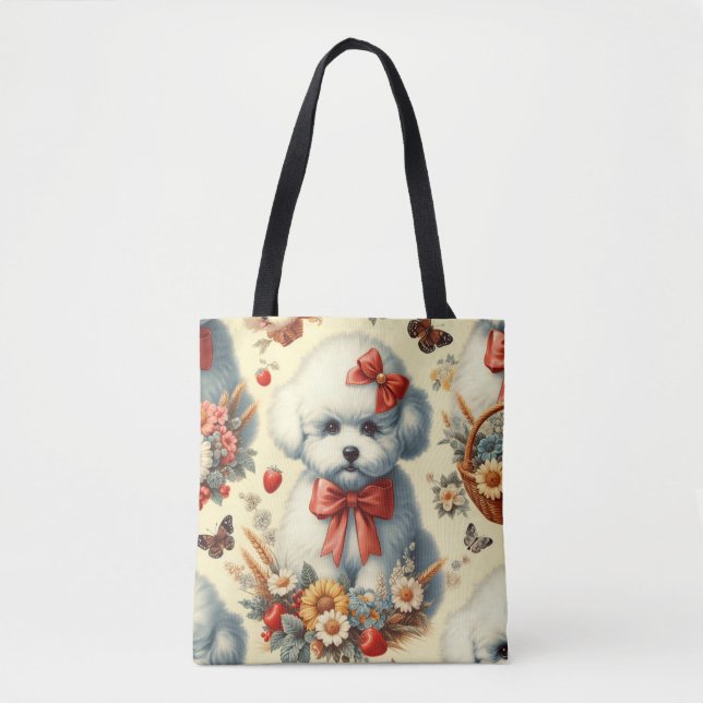 Bolsa Tote Ilustração de Cute Vintage Bichon Frisé (Frente)