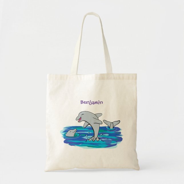Bolsa Tote Ilustração de desenho animado de golfinhos alegres (Frente)