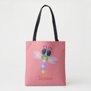 Bolsa Tote Ilustração de desenho animado de libélula, azul e 
