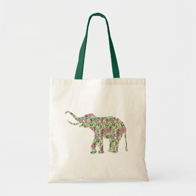 Bolsa Tote Ilustração de Elefante de Flores Verdes e Rosa (Frente)