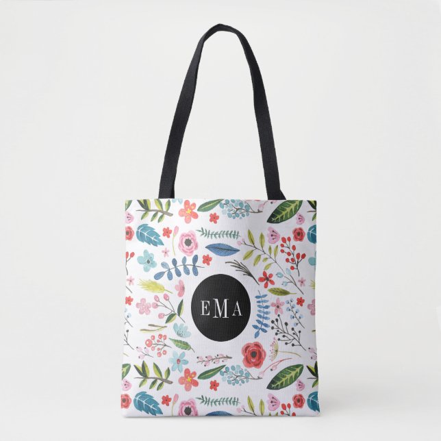 Bolsa Tote Ilustração de Elementos Florais Assistidos por Aqu (Frente)