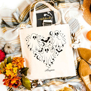 Bolsa Tote Ilustração de Fantasma e Bats em Forma de Coração