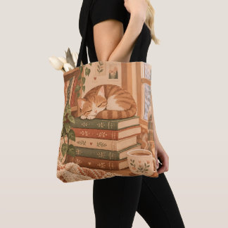 Bolsa Tote Ilustração de Gato Sonolento em Nicho de Leitura A