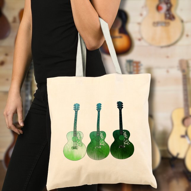 Bolsa Tote Ilustração de guitarras acústicas verde (Green acoustic guitar pop art cool music tote bag)