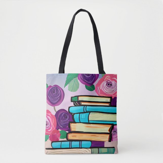 Bolsa Tote Ilustração de Livros e Flores Arte Digital (Frente)