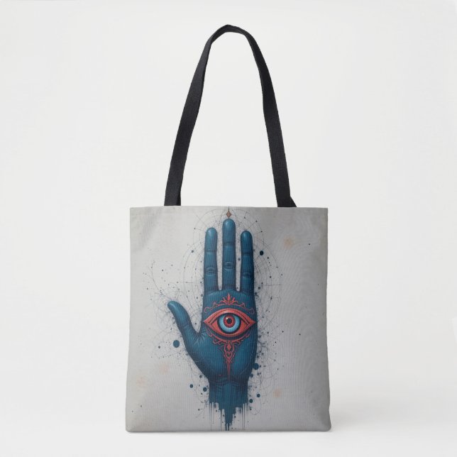 Bolsa Tote Ilustração de Mão Mística com Olho Vermelho (Frente)