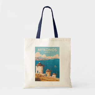 Bolsa Tote Ilustração de Mykonos Grécia Viagem Arte Vintage