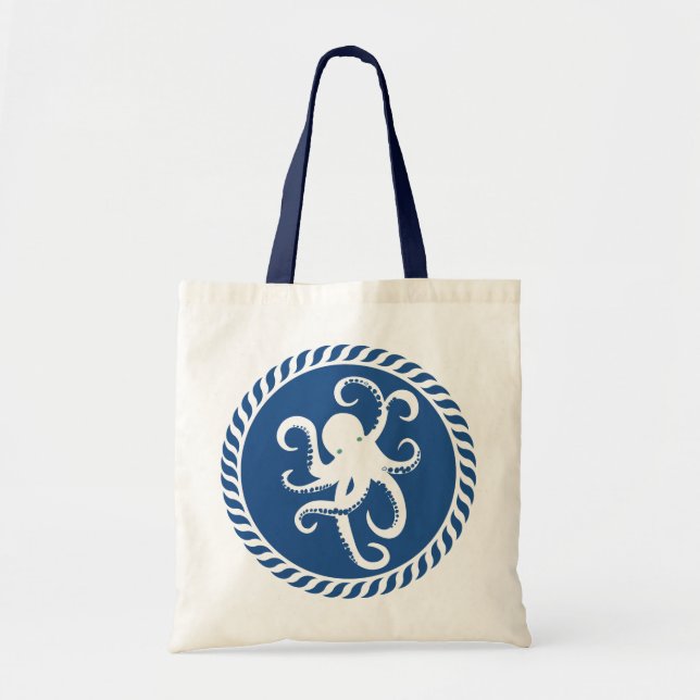 Bolsa Tote Ilustração De Octopus Azul-marinho E Branco Cute (Frente)