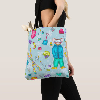 Bolsa Tote Ilustração de Pika de Esqui de Cores Aquáticas em
