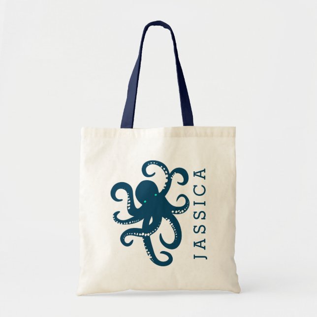 Bolsa Tote Ilustração de polvo azul-Marinho-branco (Frente)