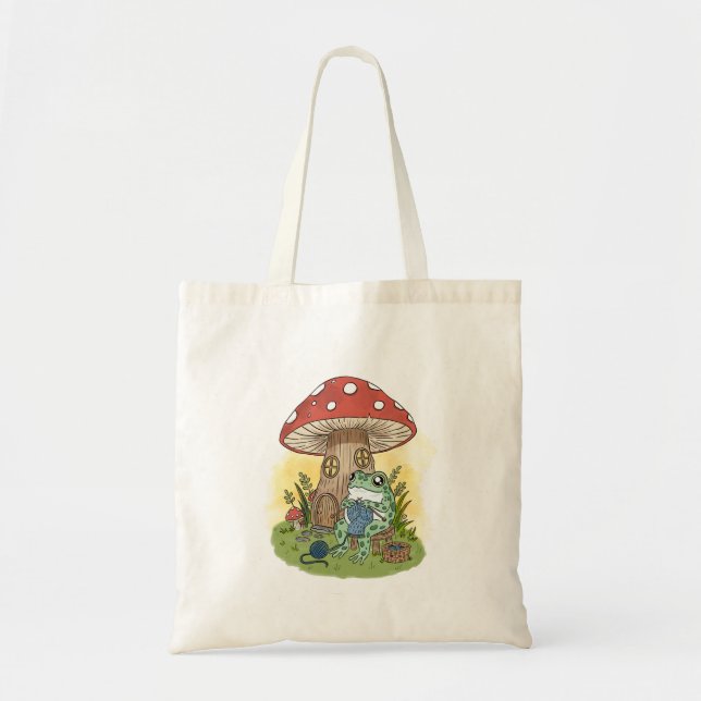 Bolsa Tote Ilustração de Rã Tecendo Fofa e Caprichosa (Frente)