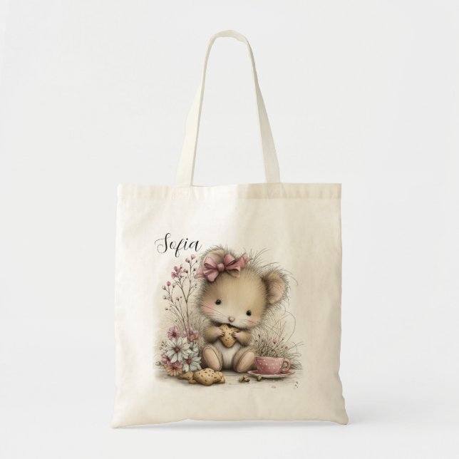 Bolsa Tote Ilustração de Ratinho Fofinho que Ama Biscoito (Frente)