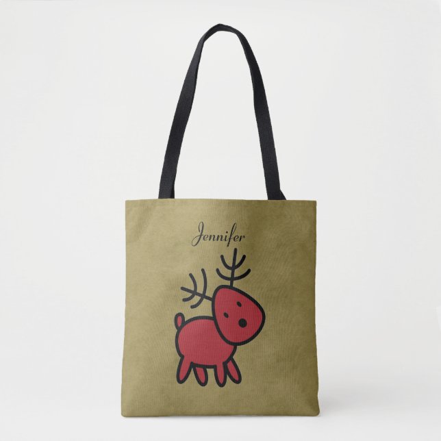 Bolsa Tote Ilustração de Reinador de Natal Vermelho Personali (Frente)