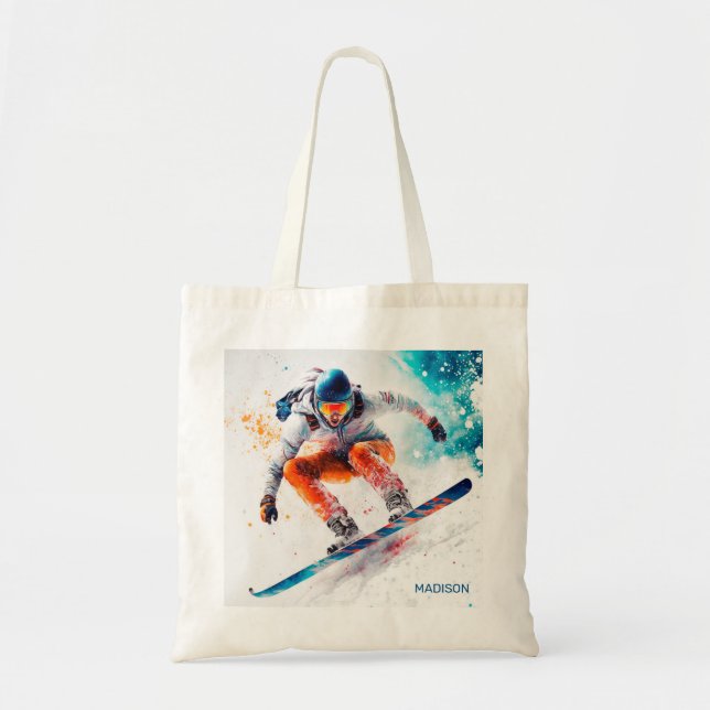 Bolsa Tote Ilustração de Snowboarder de Nome Personalizado (Frente)