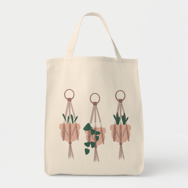 Bolsa Tote Ilustração de Suporte de Macramê de Plantas Tropic (Frente)
