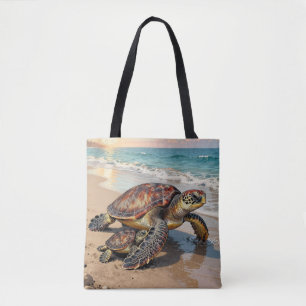 Bolsa Tote Ilustração de Tartaruga Marinha e Bebê