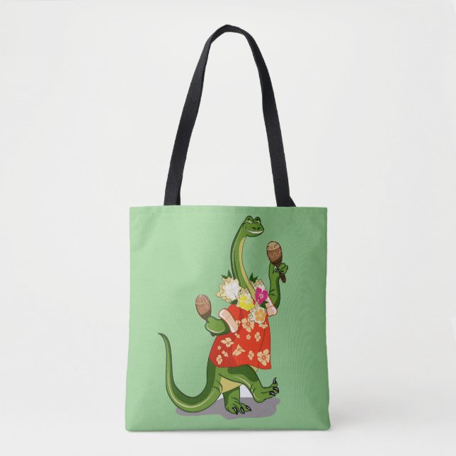 Bolsa Tote Ilustração De Um Brontossauro Jogando Maracas. (Frente)