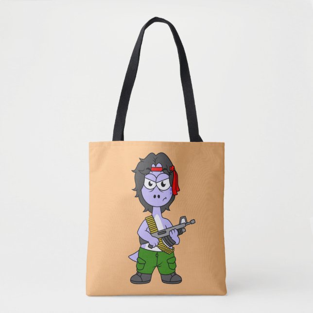 Bolsa Tote Ilustração De Um Brontossauro Vestido Como Rambo. (Frente)