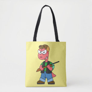 Bolsa Tote Ilustração De Um Caçador De Espinossauro Com Arma.