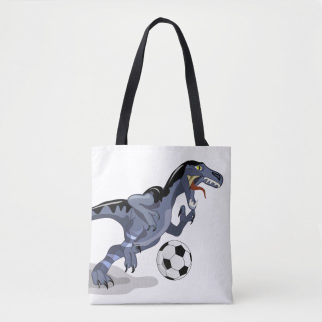 Bolsa Tote Ilustração De Um Dinossauro Raptor Jogando Futebol (Frente)