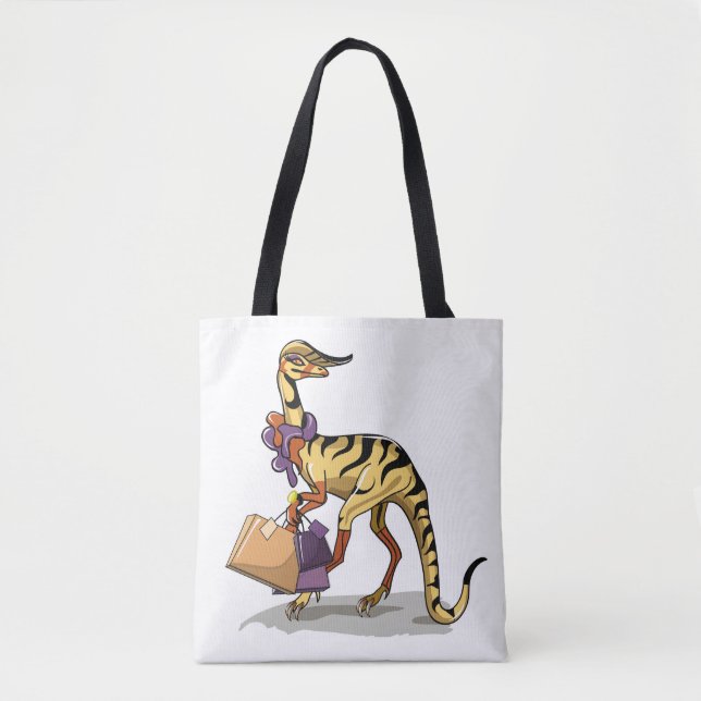 Bolsa Tote Ilustração De Um Iguanodon Com Sacos De Compras. (Frente)