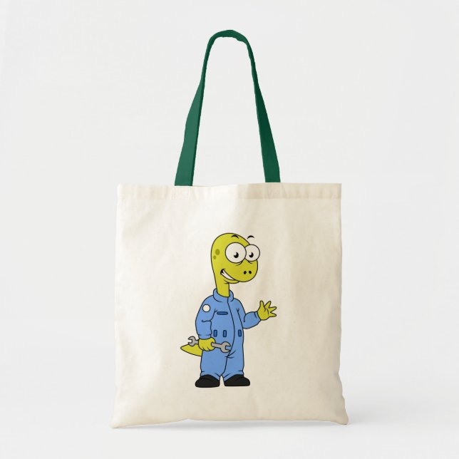 Bolsa Tote Ilustração De Um Mecânico Brontossauro. (Frente)