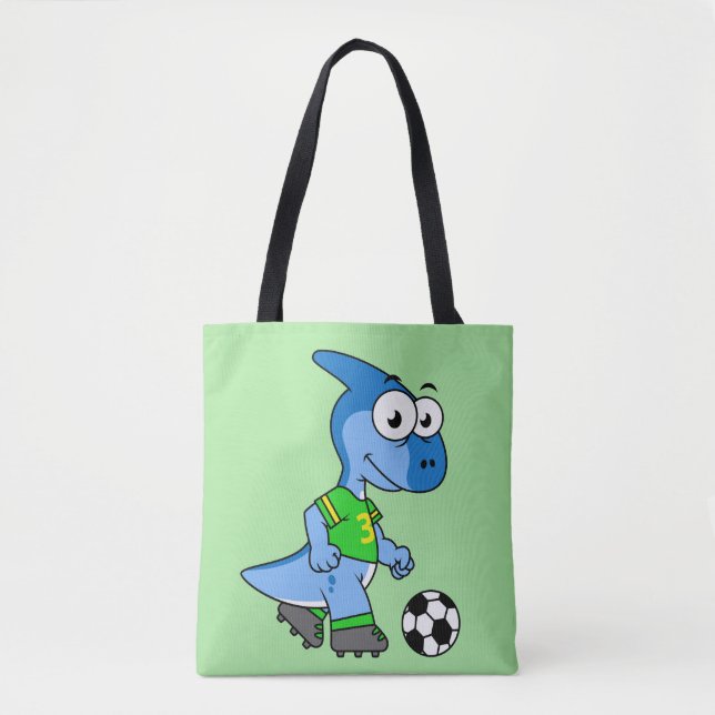 Bolsa Tote Ilustração De Um Parasaurolofo Jogando Futebol. (Frente)