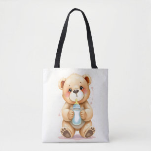 Bolsa Tote Ilustração de Urso de Pelúcia Bebê em Aquarela Fof