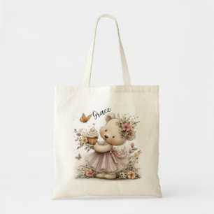 Bolsa Tote Ilustração de Urso Floral Doce com Charme de Cupca