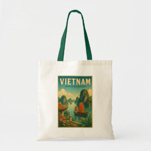 Bolsa Tote Ilustração de Viagem Retro da Baía de Ha Long no V