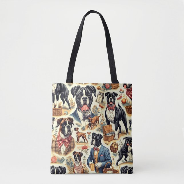 Bolsa Tote Ilustração do Cachorro Retro Boxer (Frente)