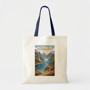 Bolsa Tote Ilustração do Fiorde da Noruega Arte de Viagem Vin