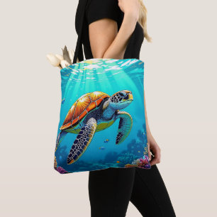 Bolsa Tote Ilustração do Oceano Vibrante da Tartaruga Marítim
