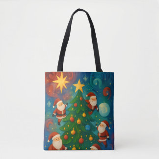 Bolsa Tote Ilustração do Papai Noel Fofo na Árvore de Natal