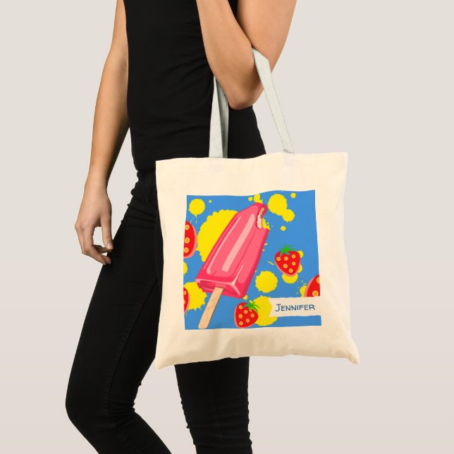 Bolsa Tote Ilustração do picolé rosa e morangos (Frente (produto))