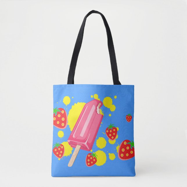 Bolsa Tote Ilustração do picolé rosa e morangos (Frente)