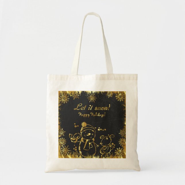 Bolsa Tote Ilustração Dourada E Negra - Feliz Natal (Frente)