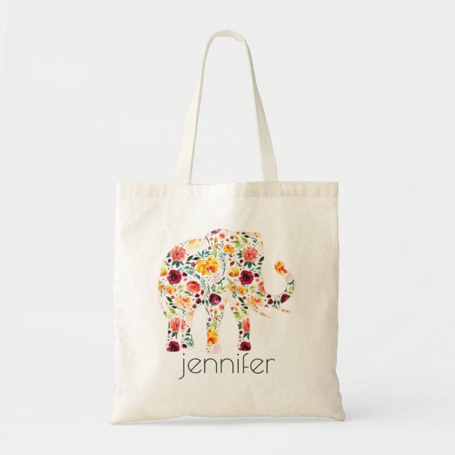 Bolsa Tote Ilustração elefante das flores aquáticas (Frente)