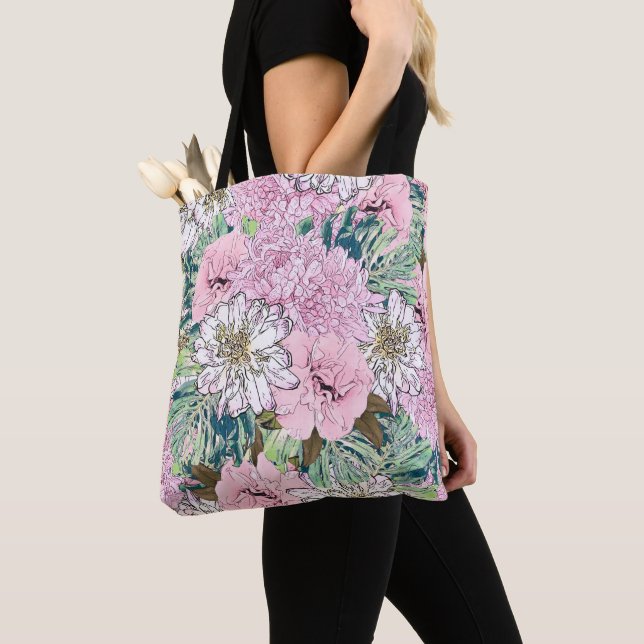 Bolsa Tote Ilustração Floral Branco e Rosa Brilhante (Close Up)