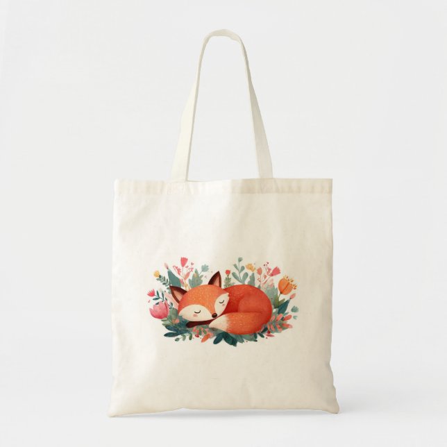 Bolsa Tote Ilustração Fofa da Raposa Adormecida Floral (Frente)
