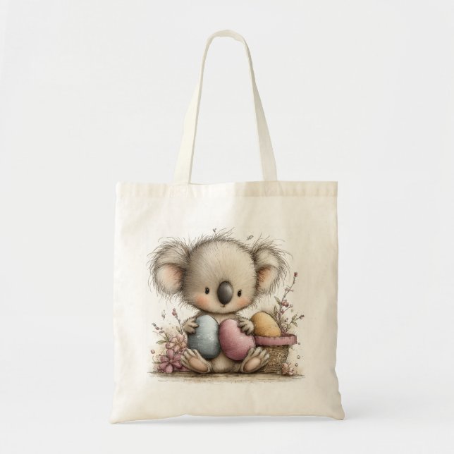 Bolsa Tote Ilustração Fofa de Coala de Páscoa com Ovos Pastel (Frente)