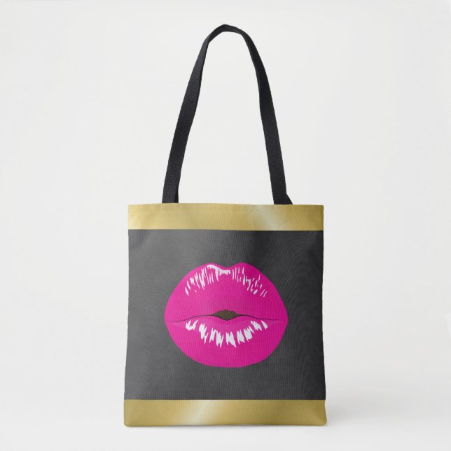 Bolsa Tote Ilustração Glamorosa de Lábios Rosa Quente (Frente)