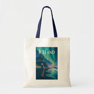 Bolsa Tote Ilustração Luzes do Norte Islândia Viagem Arte