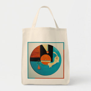 Bolsa Tote Ilustração Retro de Gato se Alongando em Disco