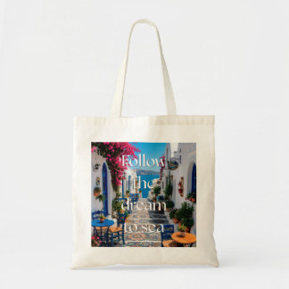 Bolsa Tote Ilustração Siga o Sonho até o Mar de Santorini